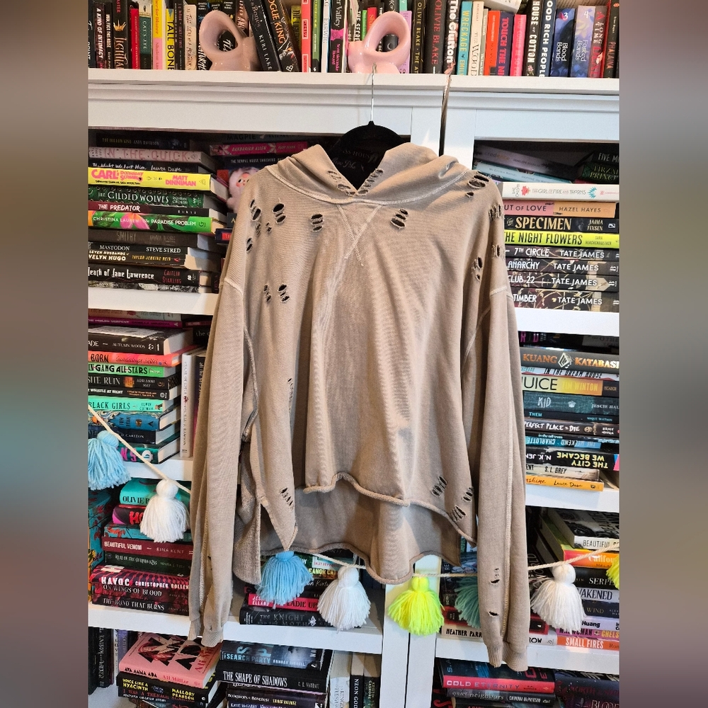 Chelsea Deboer Lily & Lottie Distressed Beige Hoodie Oversized Sweatshirt